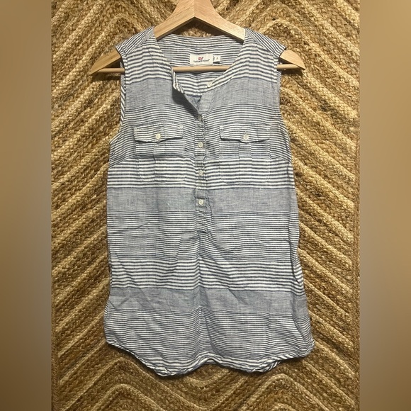 Vineyard Vines Camp Popover Linen Sleeveless Blue & White Striped Top,Size 2 - Picture 1 of 7